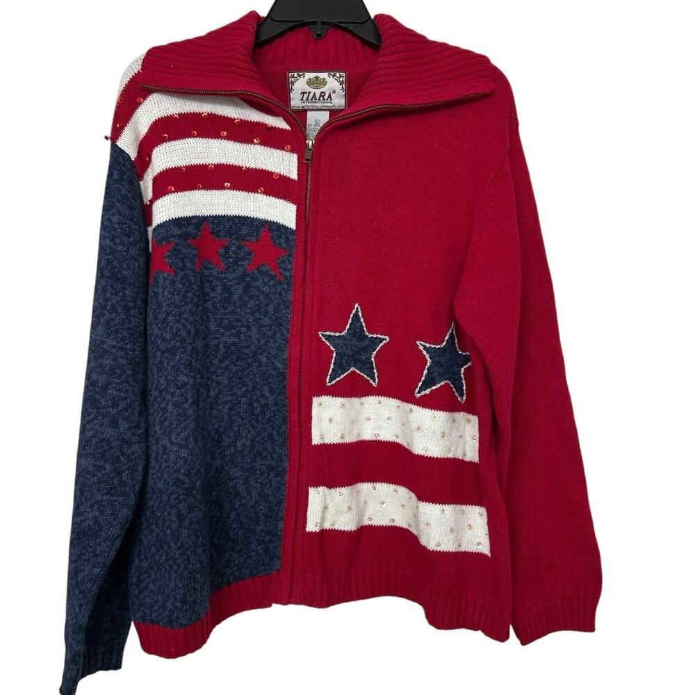 Vintage Tiara International Patriotic Stars Stripes Zip Cardigan L Americana
